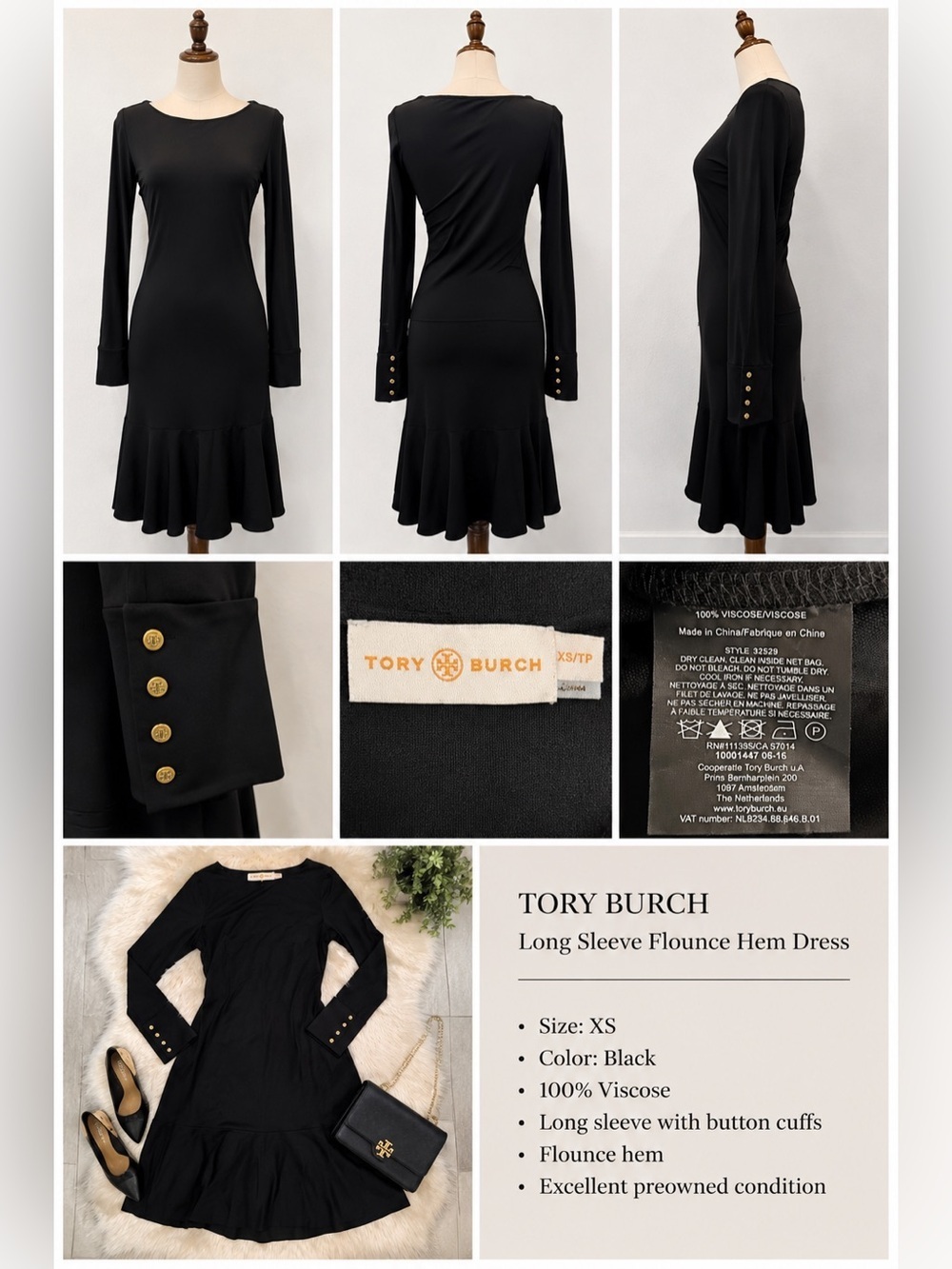 Tory Burch Black Long Sleeve Midi Dress Flounce Hem XS